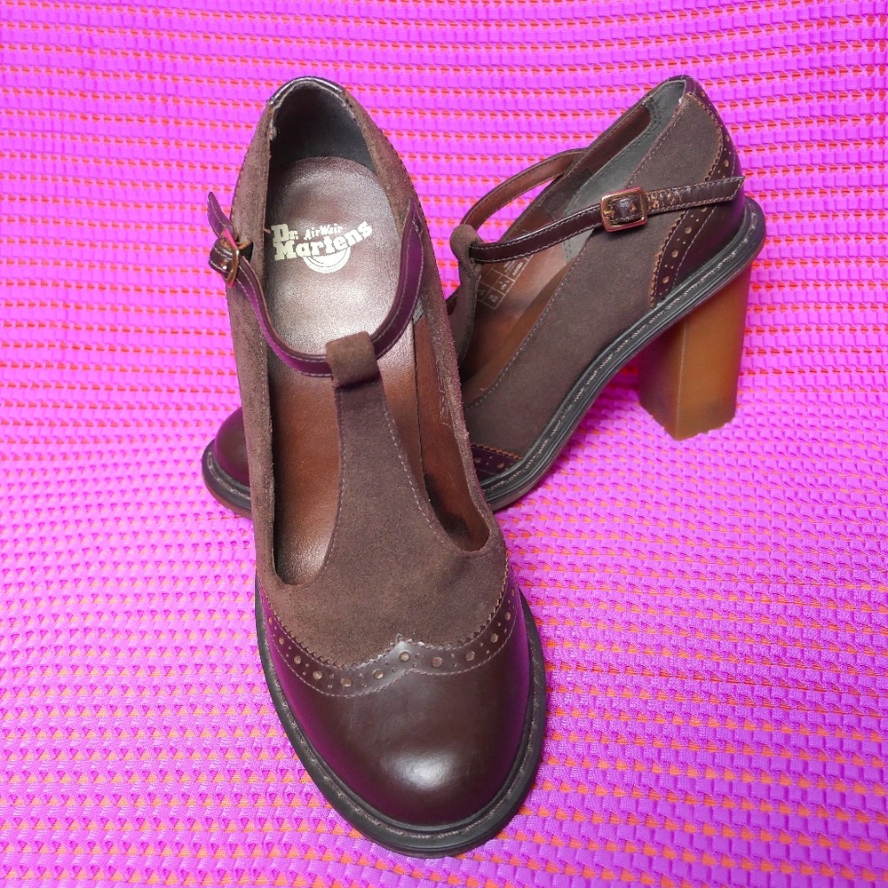 Dr. Martens Karishma Brogue T-Bar Heels Brown Leather & Suede Size 7
